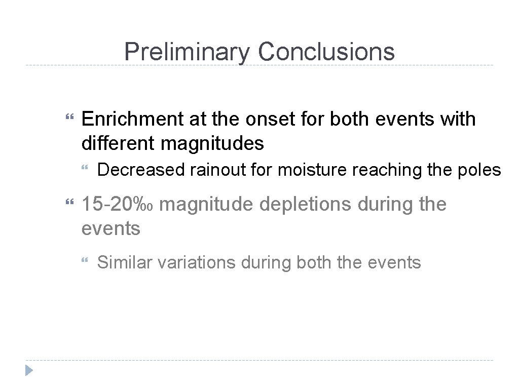 Preliminary Conclusions Enrichment at the onset for both events with different magnitudes Decreased rainout