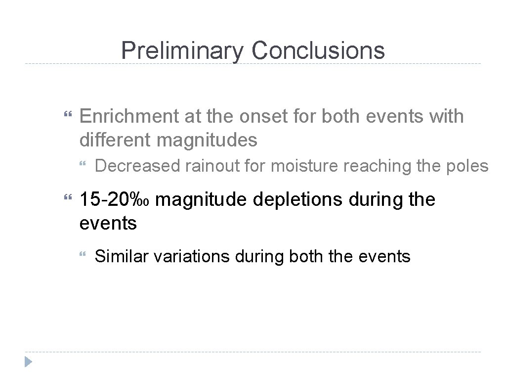 Preliminary Conclusions Enrichment at the onset for both events with different magnitudes Decreased rainout