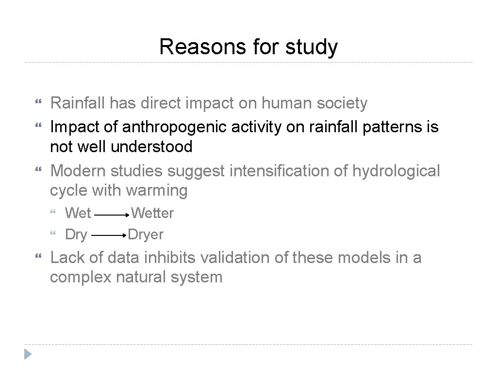 Reasons for study Rainfall has direct impact on human society Impact of anthropogenic activity