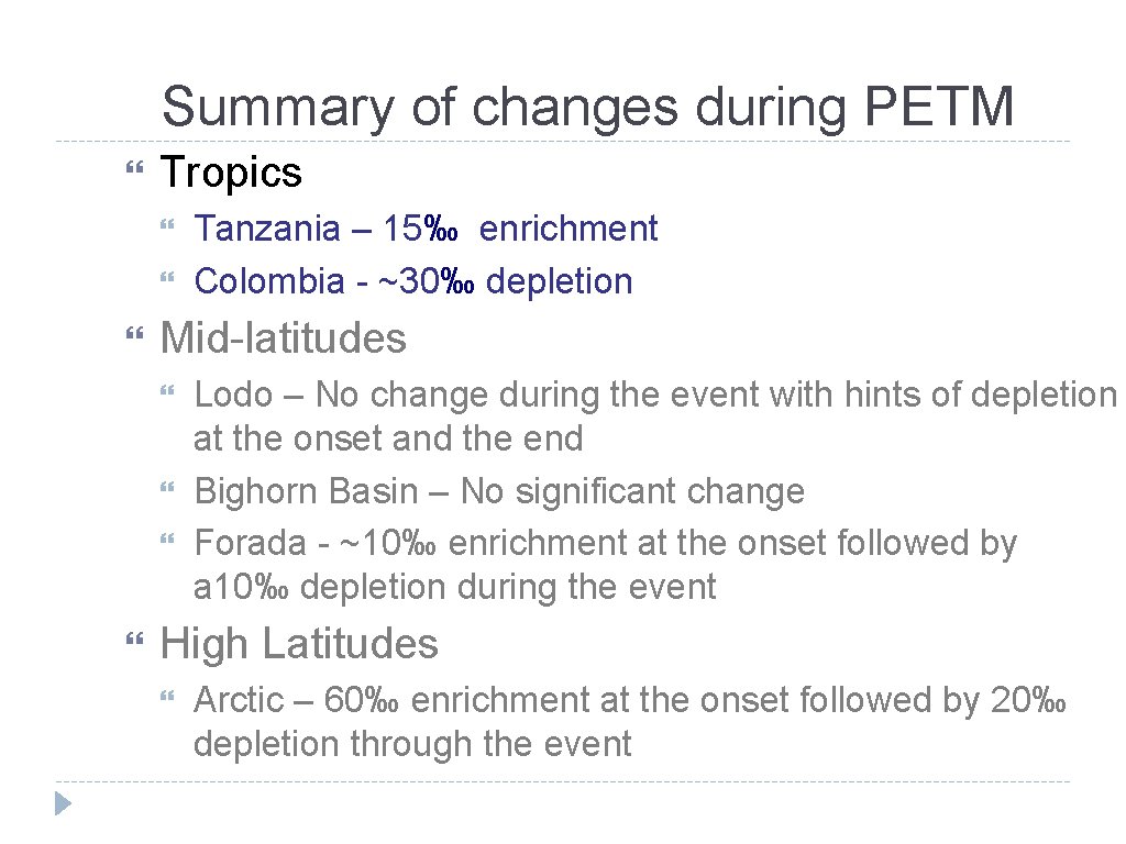 Summary of changes during PETM Tropics Mid-latitudes Tanzania – 15‰ enrichment Colombia - ~30‰