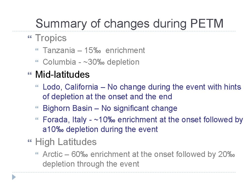 Summary of changes during PETM Tropics Mid-latitudes Tanzania – 15‰ enrichment Columbia - ~30‰