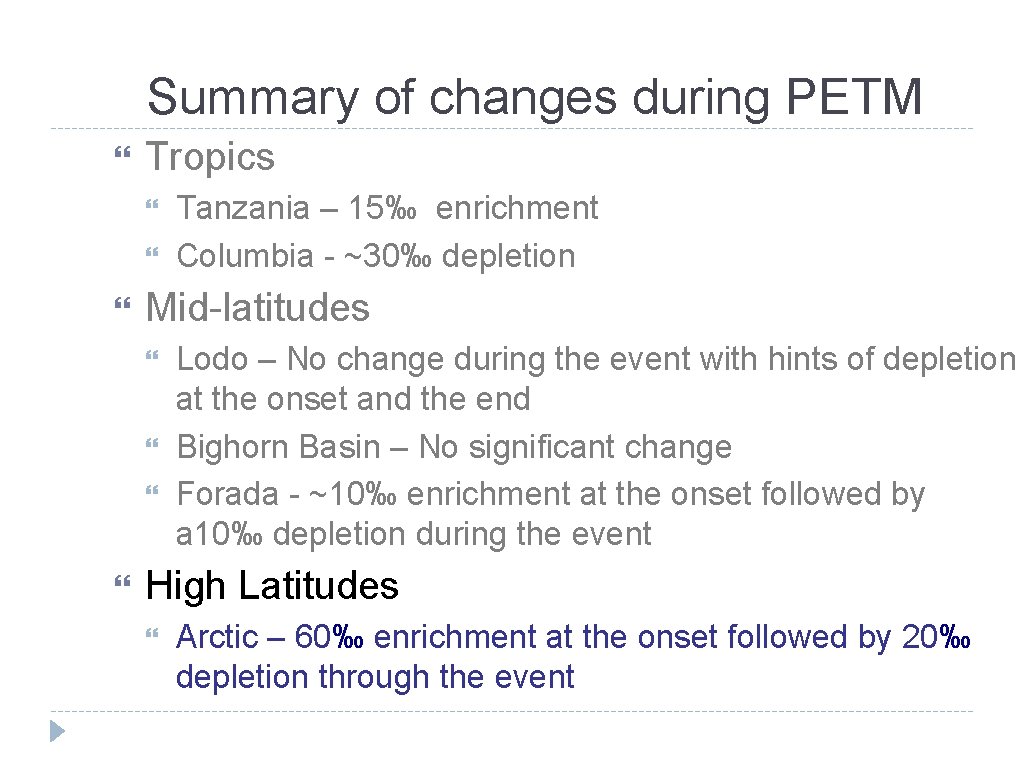 Summary of changes during PETM Tropics Mid-latitudes Tanzania – 15‰ enrichment Columbia - ~30‰