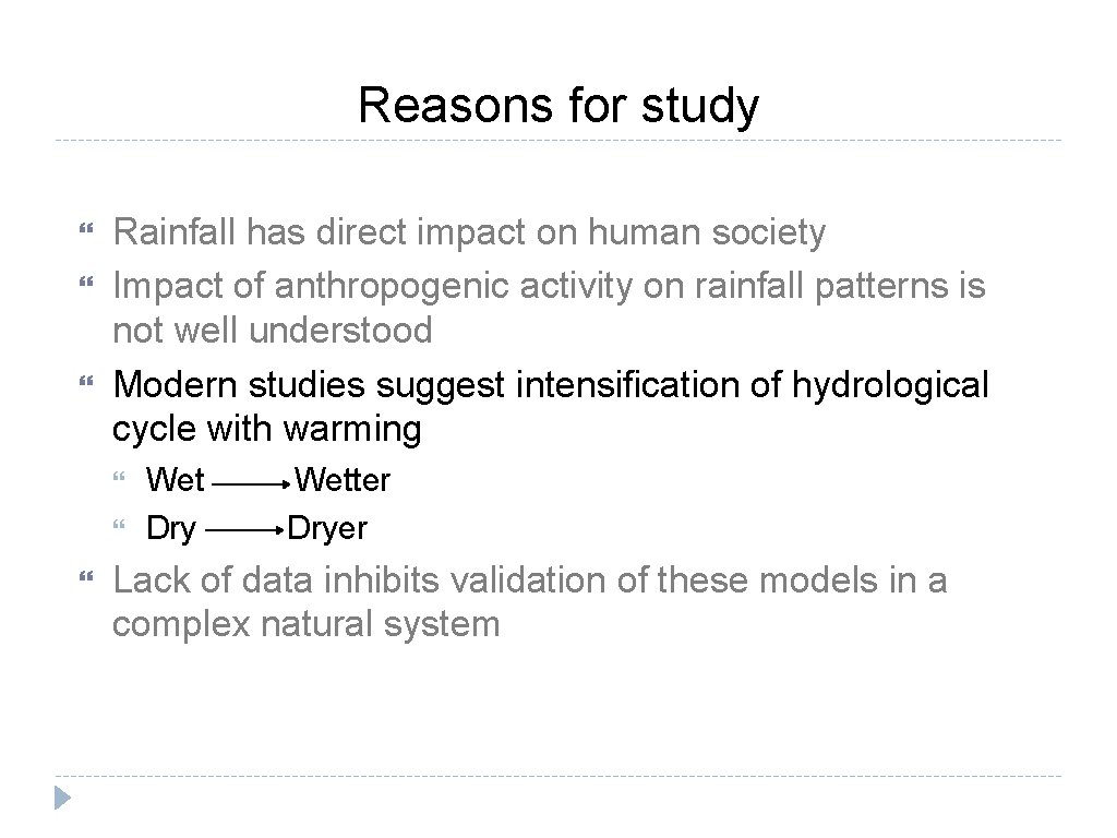 Reasons for study Rainfall has direct impact on human society Impact of anthropogenic activity