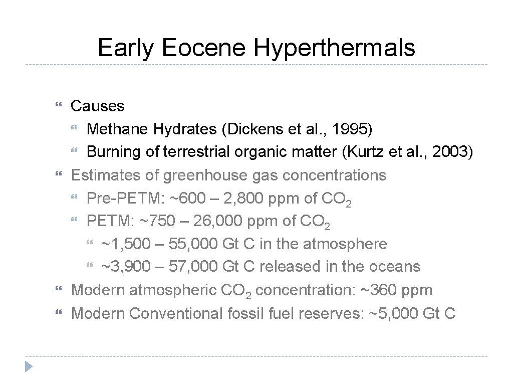 Early Eocene Hyperthermals Causes Methane Hydrates (Dickens et al. , 1995) Burning of terrestrial