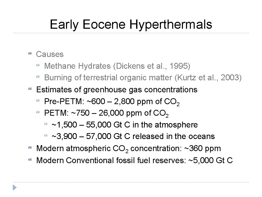 Early Eocene Hyperthermals Causes Methane Hydrates (Dickens et al. , 1995) Burning of terrestrial