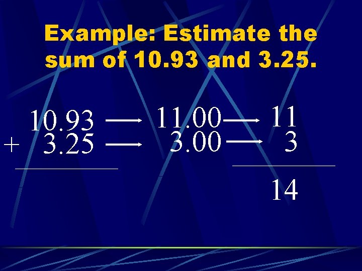 Example: Estimate the sum of 10. 93 and 3. 25. 10. 93 + 3.