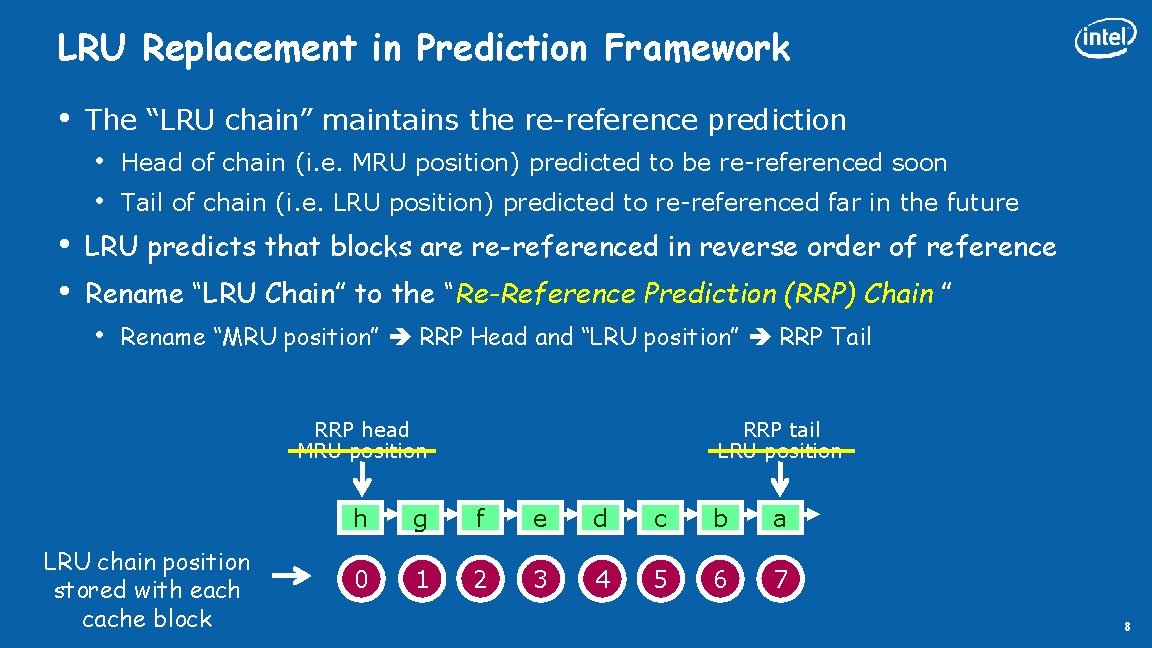 LRU Replacement in Prediction Framework • The “LRU chain” maintains the re-reference prediction •