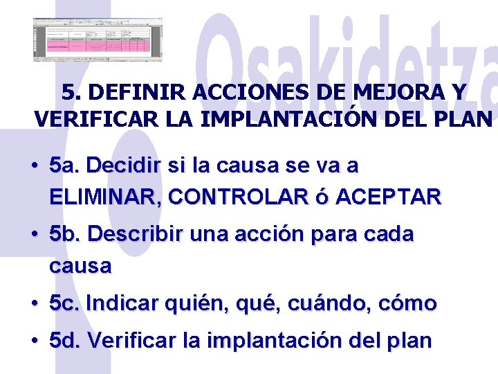 5. DEFINIR ACCIONES DE MEJORA Y VERIFICAR LA IMPLANTACIÓN DEL PLAN • 5 a. 5. DEFINIR ACCIONES DE MEJORA Y VERIFICAR LA IMPLANTACIÓN DEL PLAN • 5 a.