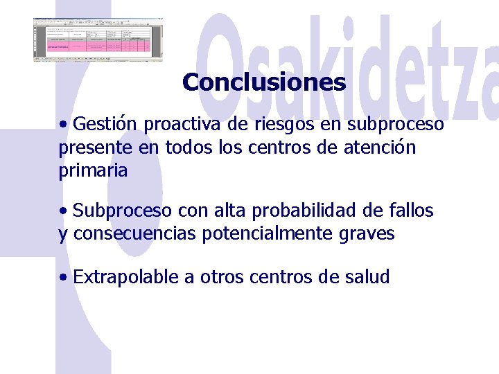 Conclusiones • Gestión proactiva de riesgos en subproceso presente en todos los centros de Conclusiones • Gestión proactiva de riesgos en subproceso presente en todos los centros de