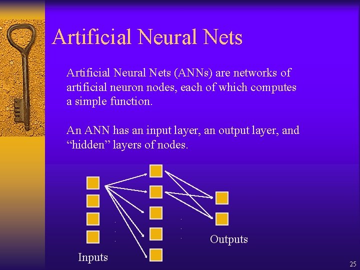 Artificial Neural Nets (ANNs) are networks of artificial neuron nodes, each of which computes