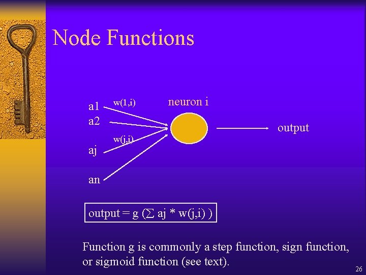 Node Functions a 1 a 2 aj w(1, i) neuron i w(j, i) output