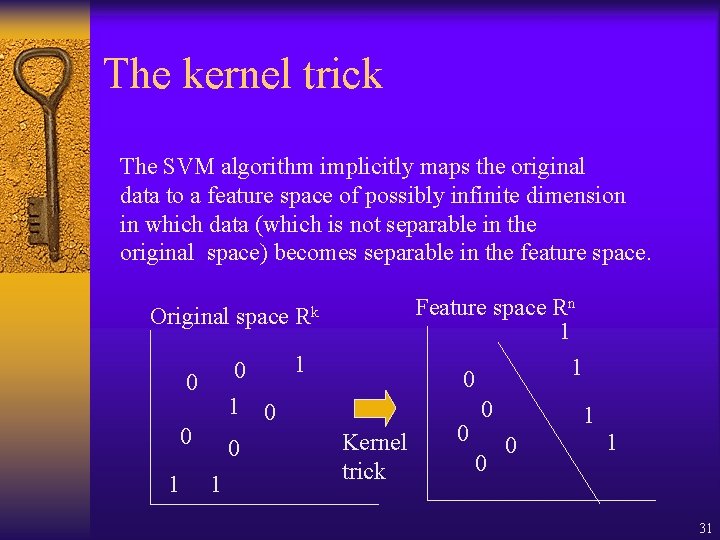 The kernel trick The SVM algorithm implicitly maps the original data to a feature