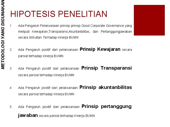METODOLOGI YANG DIGUNAKAN HIPOTESIS PENELITIAN 1 Ada Pengaruh Pelaksanaan prinsip Good Corporate Governance yang