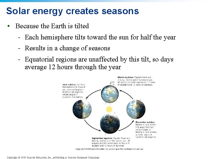Solar energy creates seasons • Because the Earth is tilted - Each hemisphere tilts Solar energy creates seasons • Because the Earth is tilted - Each hemisphere tilts