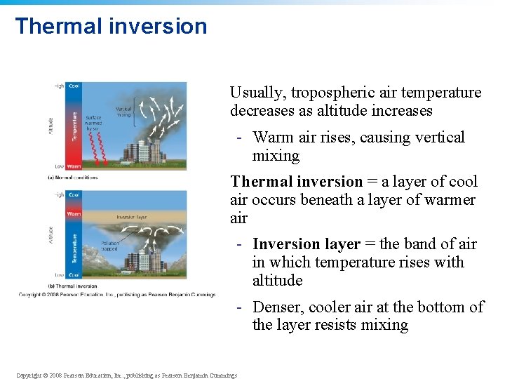 Thermal inversion • Usually, tropospheric air temperature decreases as altitude increases - Warm air Thermal inversion • Usually, tropospheric air temperature decreases as altitude increases - Warm air
