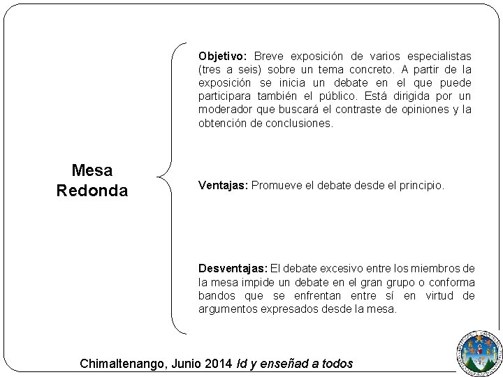Objetivo: Breve exposición de varios especialistas (tres a seis) sobre un tema concreto. A