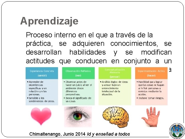 Aprendizaje Proceso interno en el que a través de la práctica, se adquieren conocimientos,