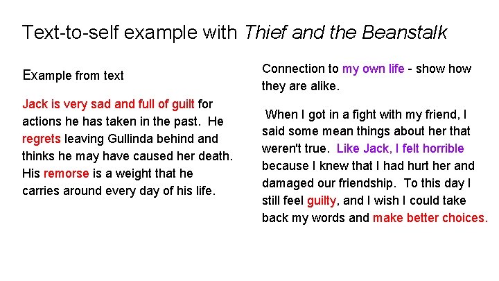 Text-to-self example with Thief and the Beanstalk Example from text Jack is very sad