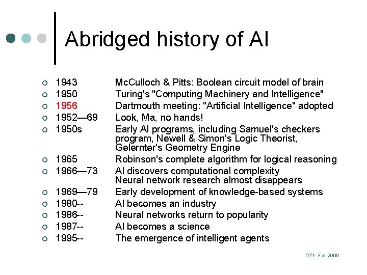 Abridged history of AI ¢ ¢ ¢ 1943 1950 1956 1952— 69 1950 s