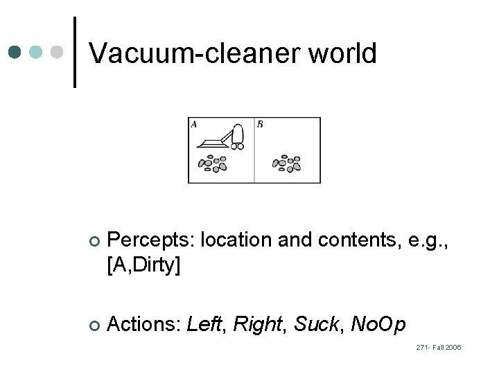 Vacuum-cleaner world ¢ Percepts: location and contents, e. g. , [A, Dirty] ¢ Actions: