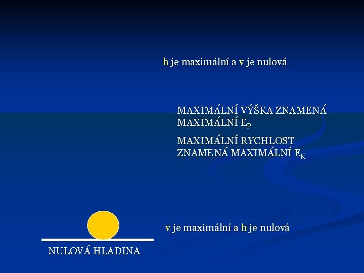 h je maximální a v je nulová MAXIMÁLNÍ VÝŠKA ZNAMENÁ MAXIMÁLNÍ EP MAXIMÁLNÍ RYCHLOST