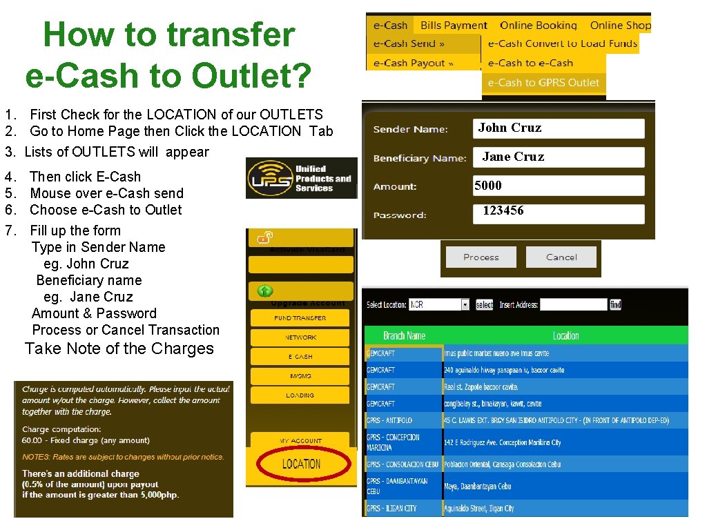 How to transfer e-Cash to Outlet? 1. First Check for the LOCATION of our