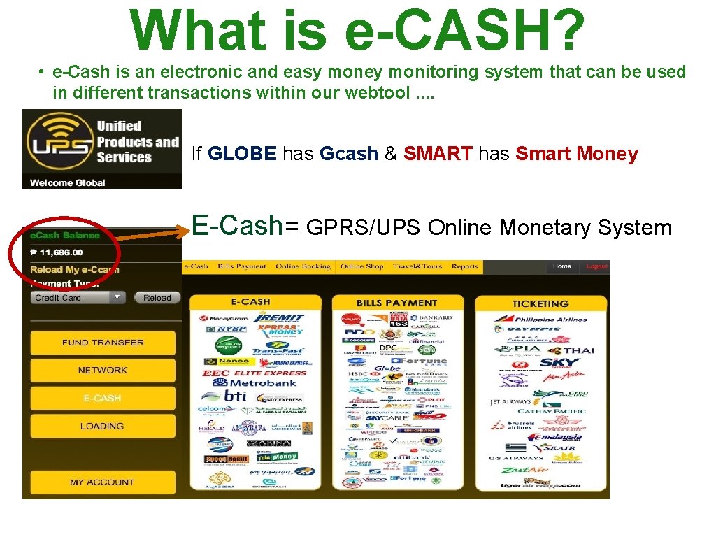 What is e-CASH? • e-Cash is an electronic and easy money monitoring system that