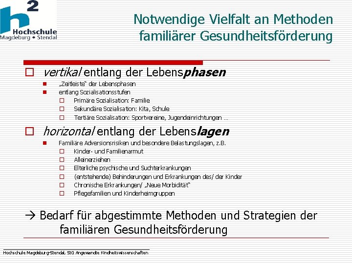 Notwendige Vielfalt an Methoden familiärer Gesundheitsförderung o vertikal entlang der Lebensphasen n n „Zeitleiste“