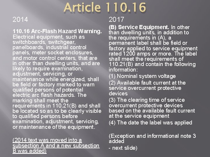 2014 Article 110. 16 Arc-Flash Hazard Warning. Electrical equipment, such as switchboards, switchgear, panelboards,