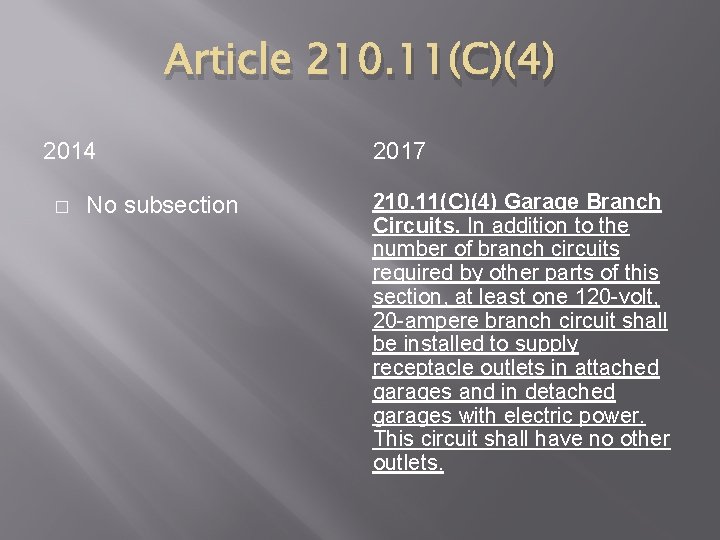 Article 210. 11(C)(4) 2014 � No subsection 2017 210. 11(C)(4) Garage Branch Circuits. In