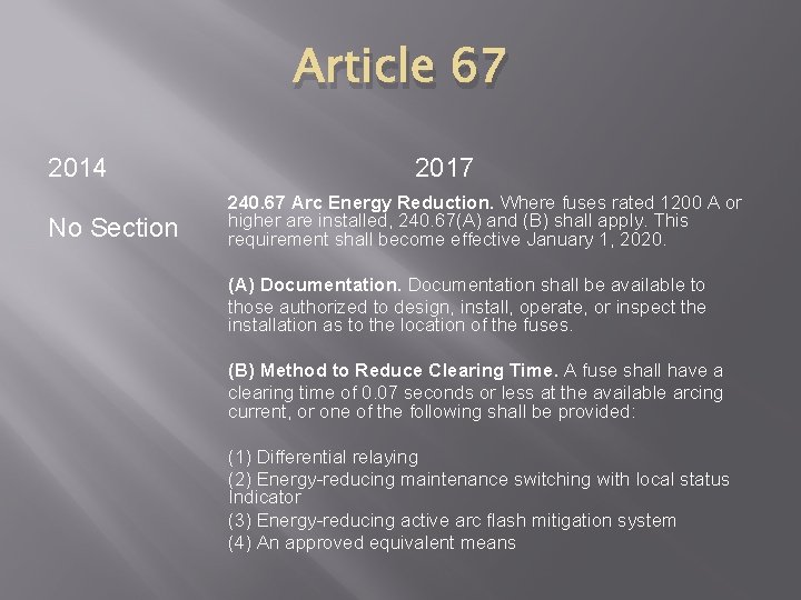 Article 67 2014 No Section 2017 240. 67 Arc Energy Reduction. Where fuses rated