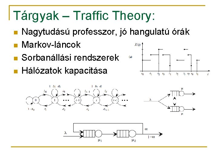 Tárgyak – Traffic Theory: n n Nagytudású professzor, jó hangulatú órák Markov-láncok Sorbanállási rendszerek