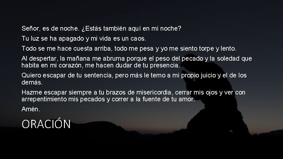 Señor, es de noche. ¿Estás también aquí en mi noche? Tu luz se ha