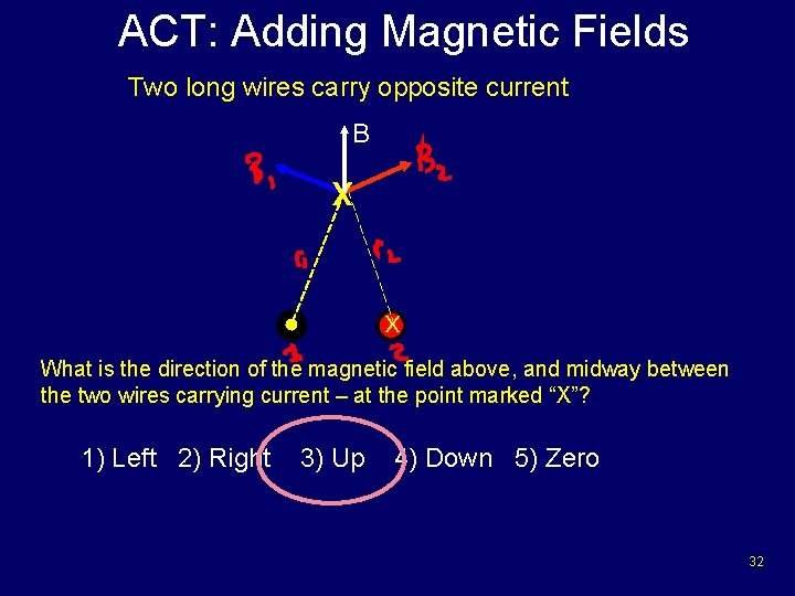 ACT: Adding Magnetic Fields Two long wires carry opposite current B x x What ACT: Adding Magnetic Fields Two long wires carry opposite current B x x What