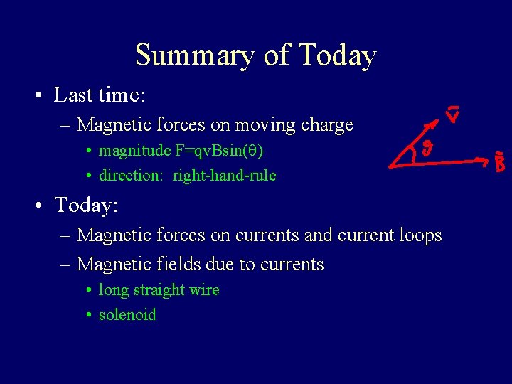 Summary of Today • Last time: – Magnetic forces on moving charge • magnitude Summary of Today • Last time: – Magnetic forces on moving charge • magnitude