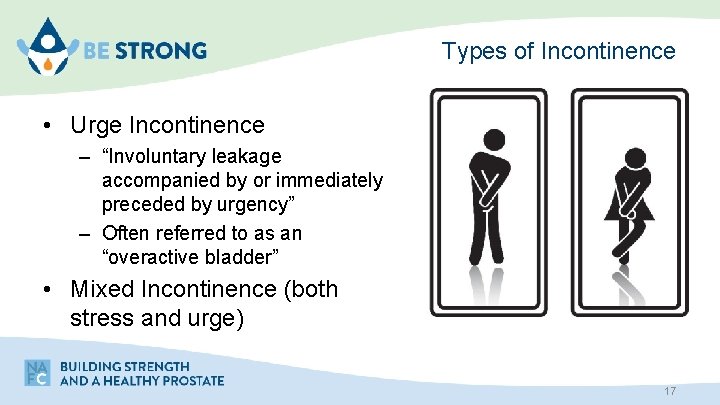 Types of Incontinence • Urge Incontinence – “Involuntary leakage accompanied by or immediately preceded