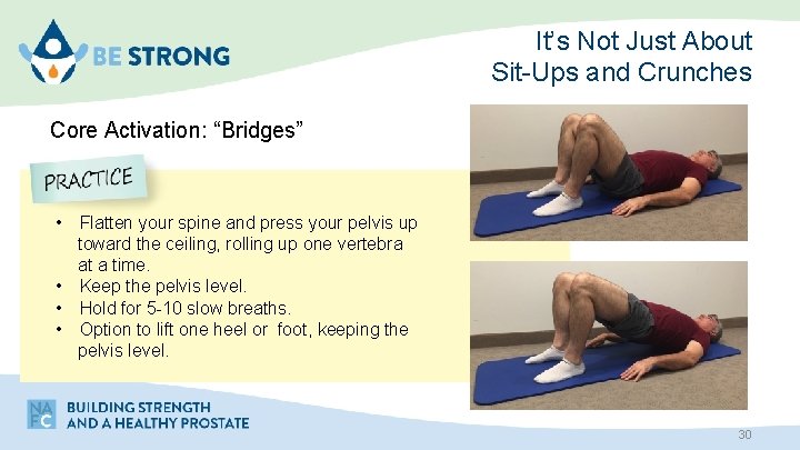 It’s Not Just About Sit-Ups and Crunches Core Activation: “Bridges” • Flatten your spine