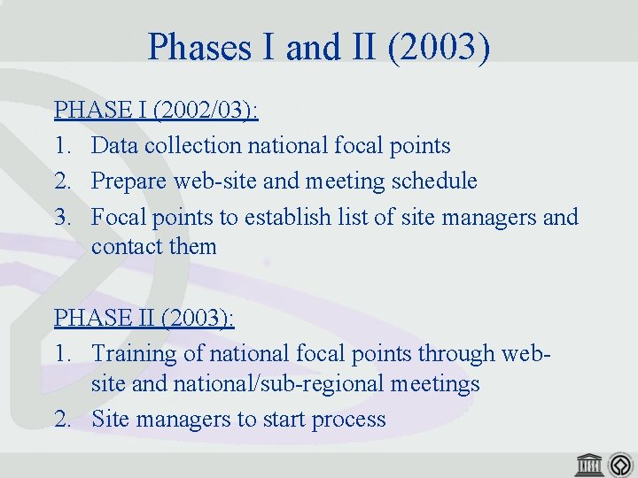 Phases I and II (2003) PHASE I (2002/03): 1. Data collection national focal points