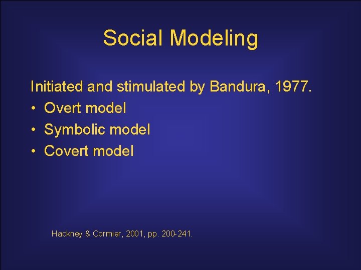 Social Modeling Initiated and stimulated by Bandura, 1977. • Overt model • Symbolic model