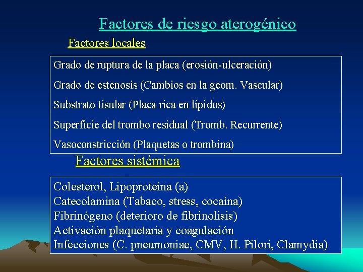 Factores de riesgo aterogénico Factores locales Grado de ruptura de la placa (erosión-ulceración) Grado