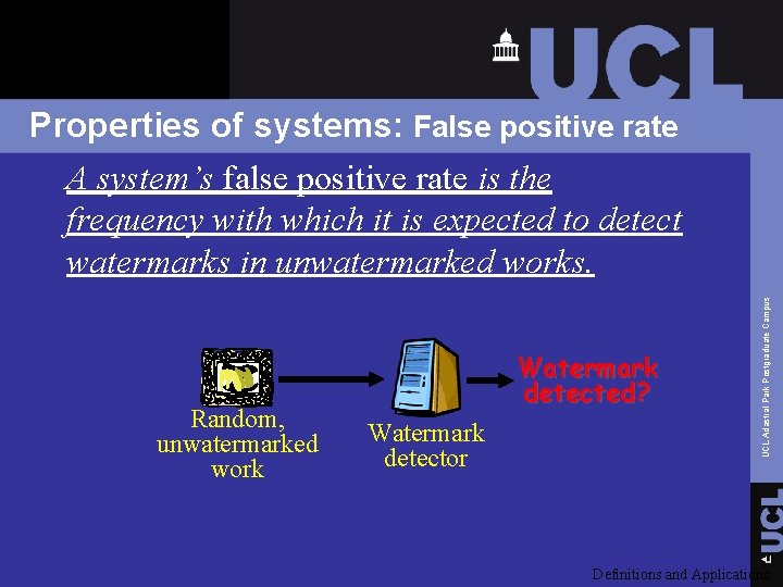 Random, unwatermarked work Watermark detected? Watermark detector UCL Adastral Park Postgraduate Campus Properties of