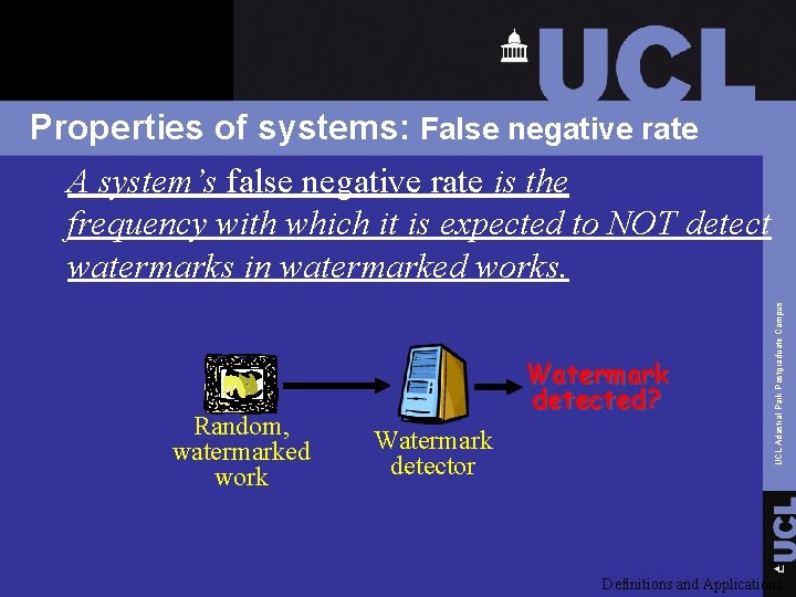 Random, watermarked work Watermark detected? Watermark detector UCL Adastral Park Postgraduate Campus Properties of