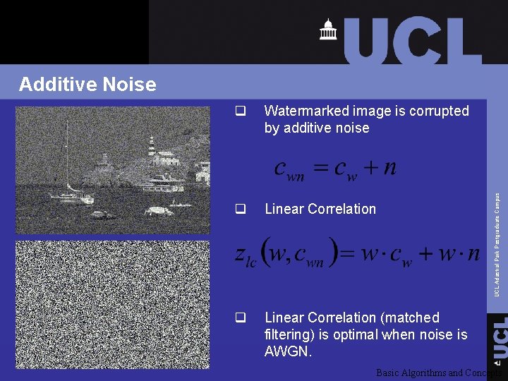 Additive Noise Watermarked image is corrupted by additive noise q Linear Correlation (matched filtering)