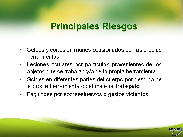 Principales Riesgos • Golpes y cortes en manos ocasionados por las propias herramientas. •