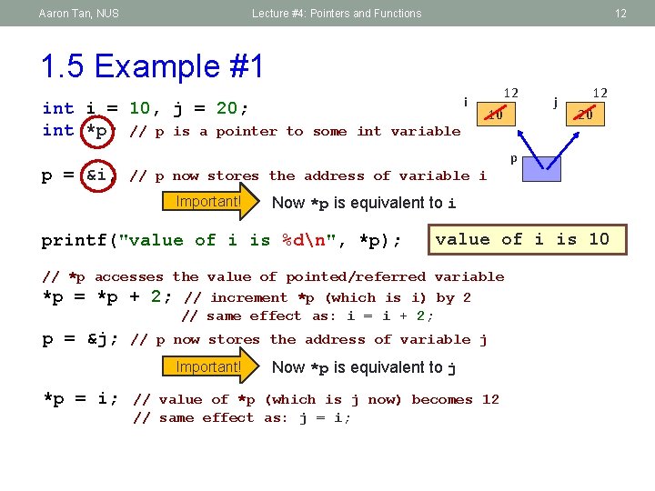 Aaron Tan, NUS Lecture #4: Pointers and Functions 12 1. 5 Example #1 int