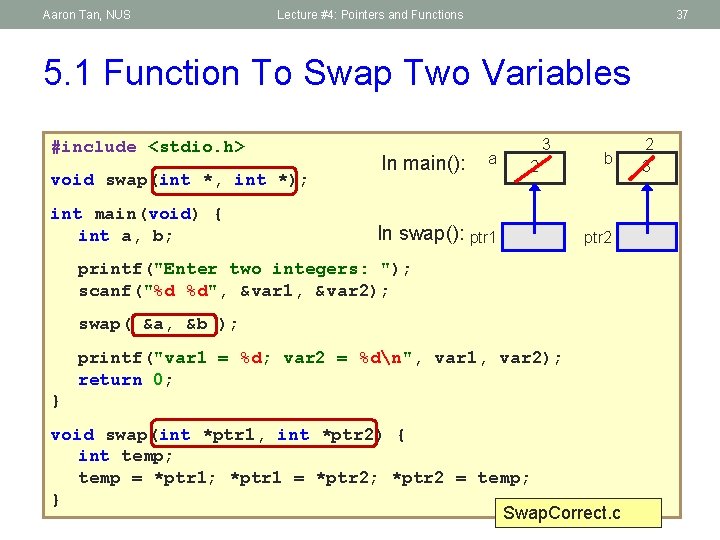 Aaron Tan, NUS Lecture #4: Pointers and Functions 37 5. 1 Function To Swap