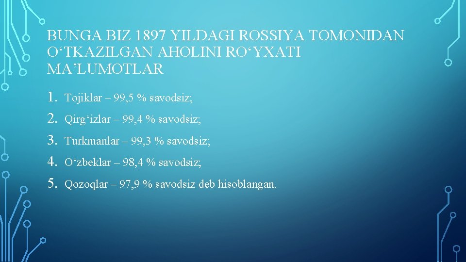BUNGA BIZ 1897 YILDAGI ROSSIYA TOMONIDAN О‘TKAZILGAN AHOLINI RО‘YXATI MA’LUMOTLAR 1. 2. 3. 4.
