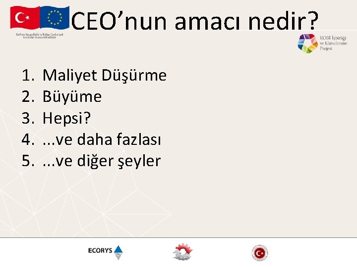 CEO’nun amacı nedir? 1. 2. 3. 4. 5. Maliyet Düşürme Büyüme Hepsi? . .