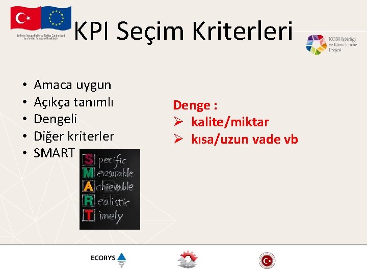 KPI Seçim Kriterleri • • • Amaca uygun Açıkça tanımlı Dengeli Diğer kriterler SMART