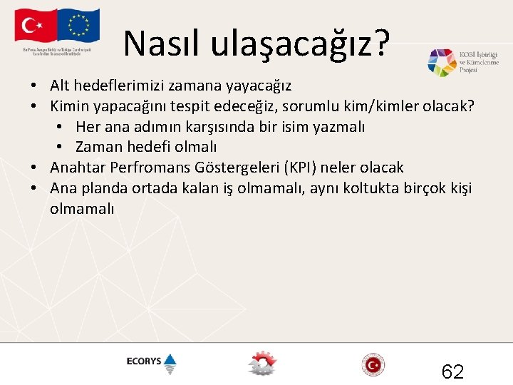 Nasıl ulaşacağız? • Alt hedeflerimizi zamana yayacağız • Kimin yapacağını tespit edeceğiz, sorumlu kim/kimler Nasıl ulaşacağız? • Alt hedeflerimizi zamana yayacağız • Kimin yapacağını tespit edeceğiz, sorumlu kim/kimler